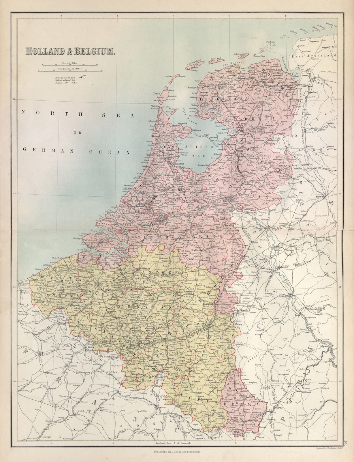 Holland, Belgium & Luxembourg. Benelux. BARTHOLOMEW 1882 old antique map chart